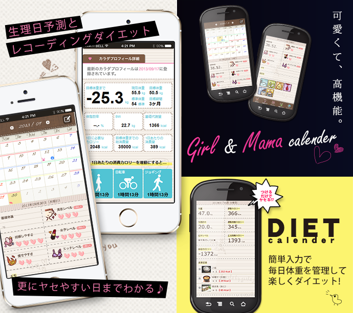 女の子カレンダー、ママカレンダー、ダイエットカレンダーの3種類のカレンダーで、カロリー計算も、生理日予測も、体重・体温もまとめて入力。